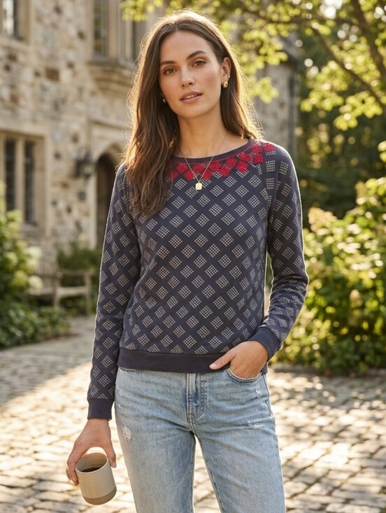 Lucky Bliss Sweaters - Lucky Bliss Women's Boho Navy Sweater w Red Embroidered Diamond Yoke Size XS